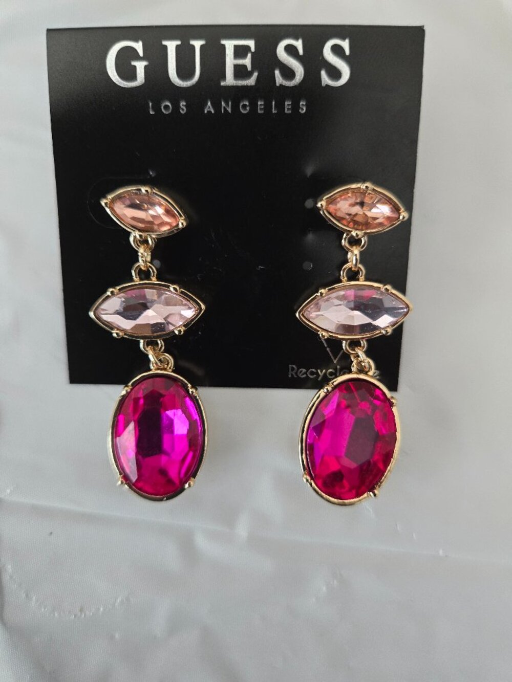 GUESS Pink Crystal Drop Earrings Gold Tone Statement New